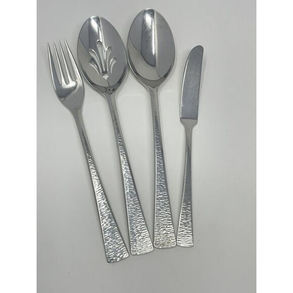 Gorham BISCAYNE Serving Spoon Fork Butter Stainless Flatware Hammered Set Of 4 - Picture 1 of 5
